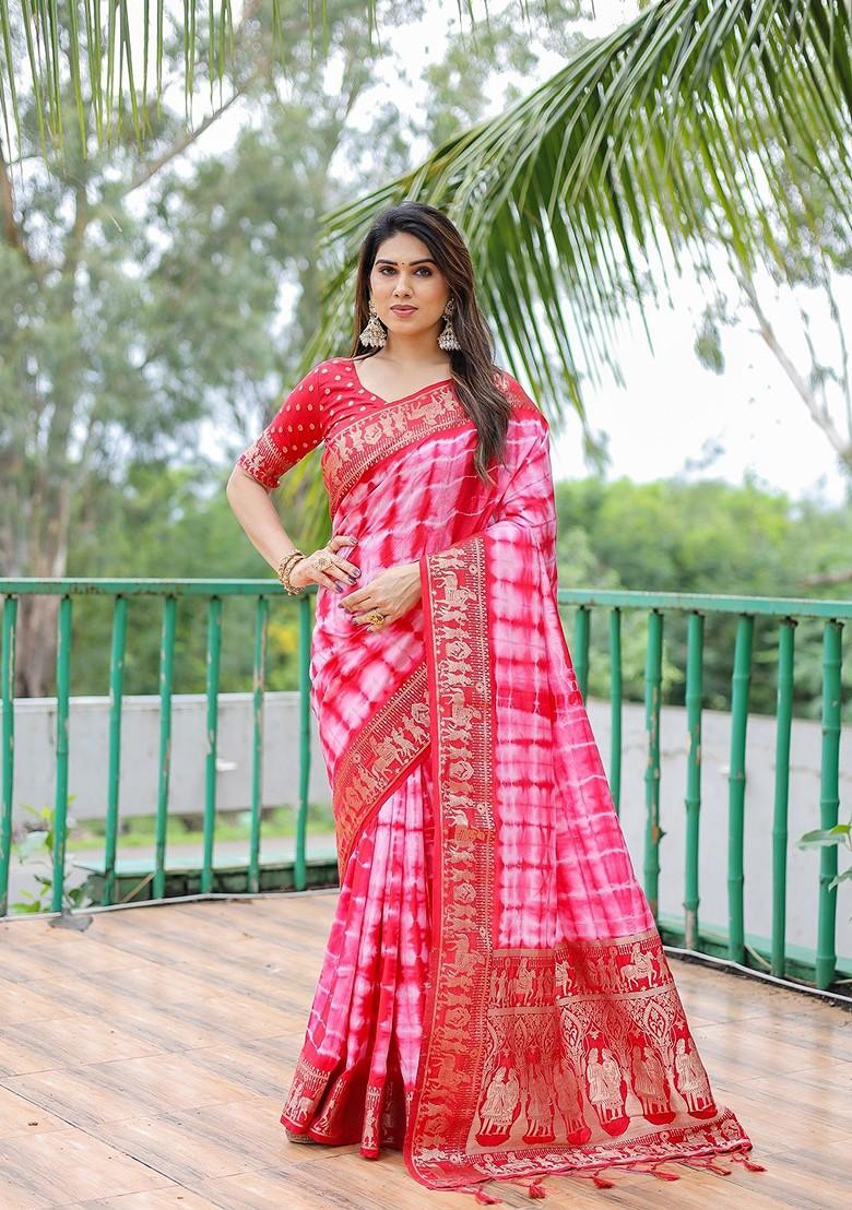 Pink Tie And Dye Pure Bandhani Print Silk Saree Set