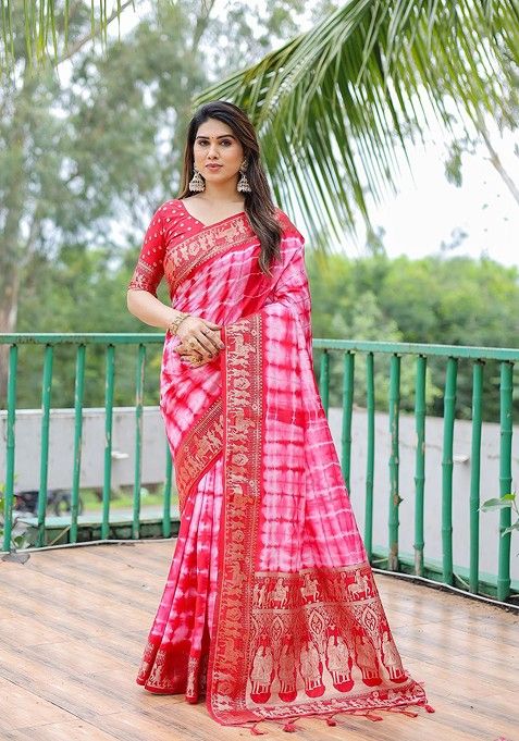 Pink Tie And Dye Pure Bandhani Print Silk Saree Set