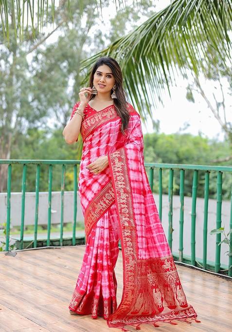 Pink Tie And Dye Pure Bandhani Print Silk Saree Set