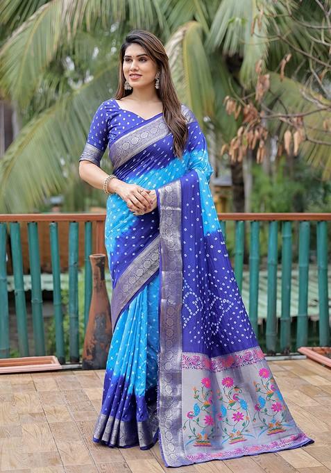 Turquoise Blue Bandhani Print Pure Silk Saree Set