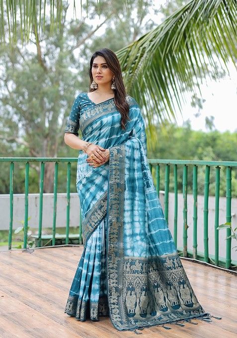 Teal Checked Pure Silk Bandhani Saree Set