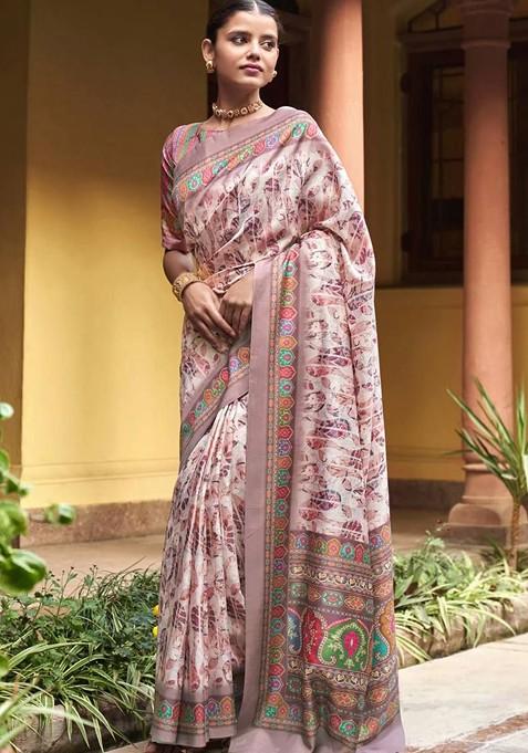 Brown Floral Print Saree Set