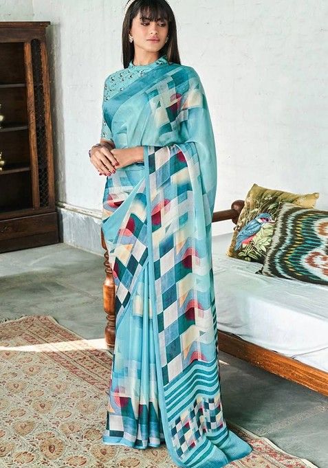 Turquoise Blue Silk Blend Saree Set