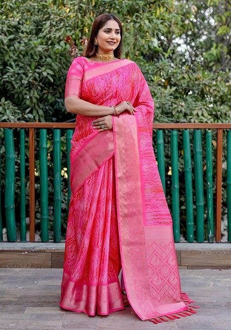 Pink Bandhani Print Pure Silk Saree Set