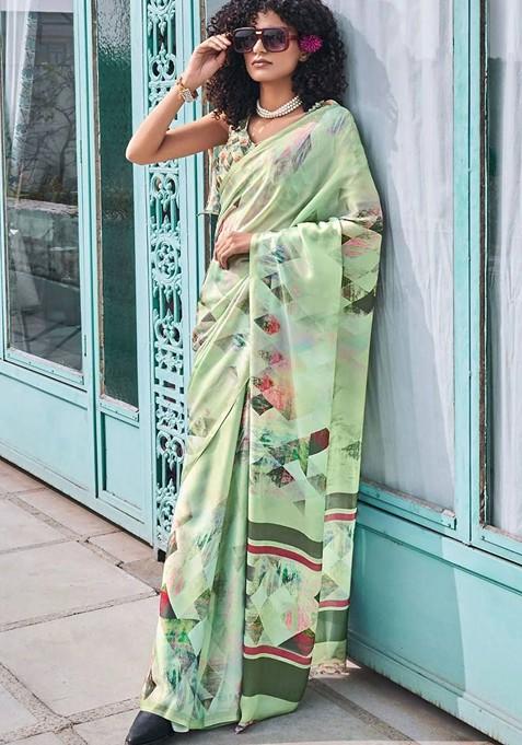 Green Ethnic Motifs Printed Saree Set