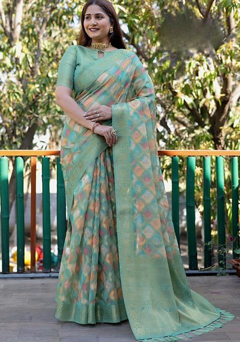 Teal Woven Floral Pure Silk Saree Set