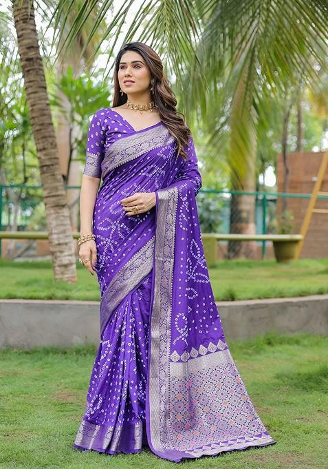 Blue Bandhani Print Pure Silk Saree Set