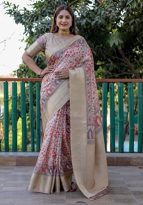 Cream Ethnic Motif Pure Silk Saree Set