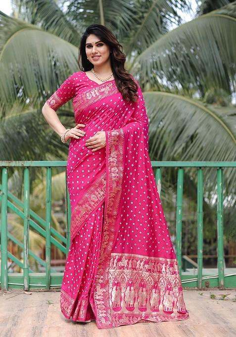 Pink Bandhani Print Pure Silk Saree Set