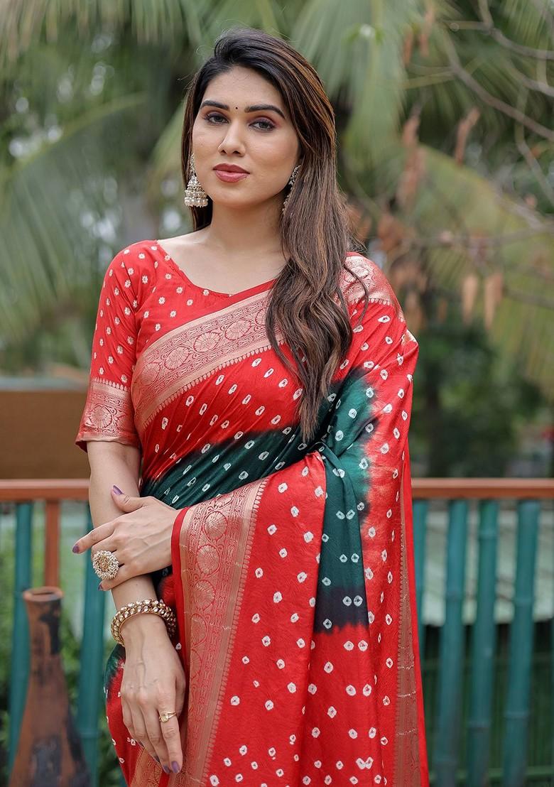 Green Bandhani Print Pure Silk Saree Set