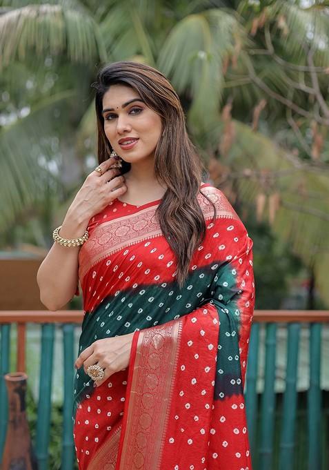 Green Bandhani Print Pure Silk Saree Set