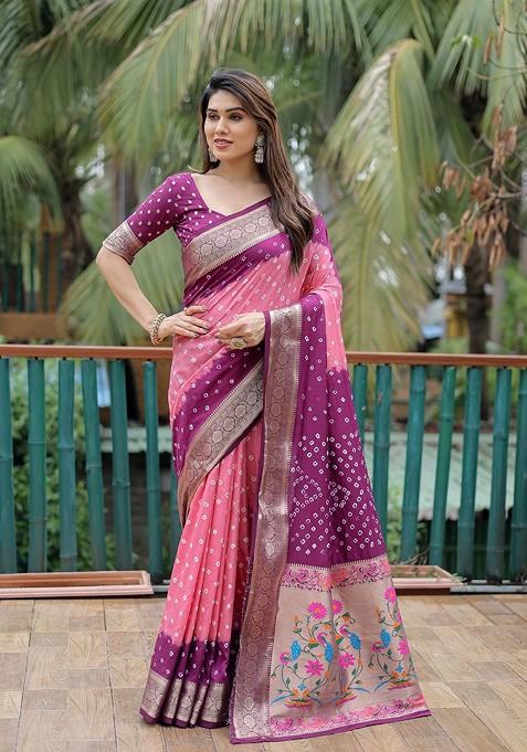 Peach Printed Pure Silk Bandhani Saree Set