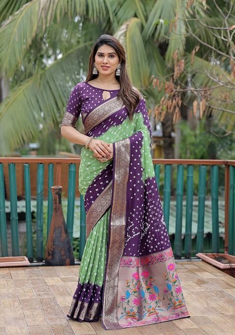 Lime Green Bandhani Print Pure Silk Saree Set