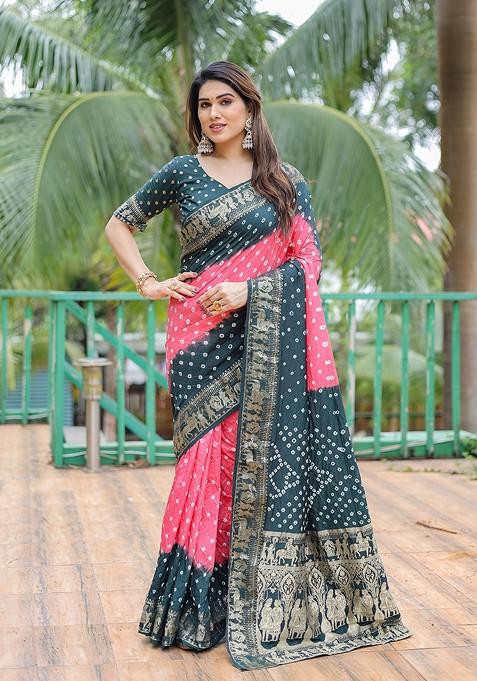 Green Bandhani Print Pure Silk Saree Set