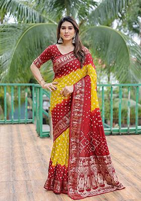 Red Woven Printed Pure Silk Bandhani Saree Set