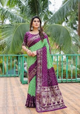 Purple Bandhani Print Pure Silk Saree Set