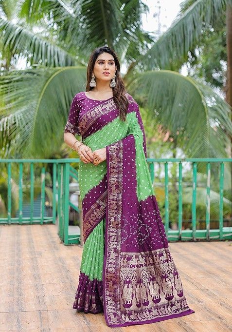 Purple Bandhani Print Pure Silk Saree Set