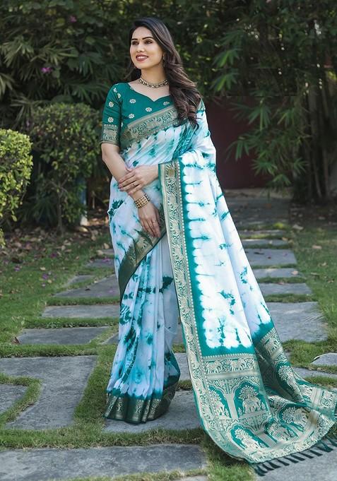 Green Tie And Dye Pure Silk Bandhani Saree Set