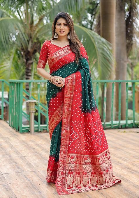 Red Woven Pure Silk Bandhani Saree Set