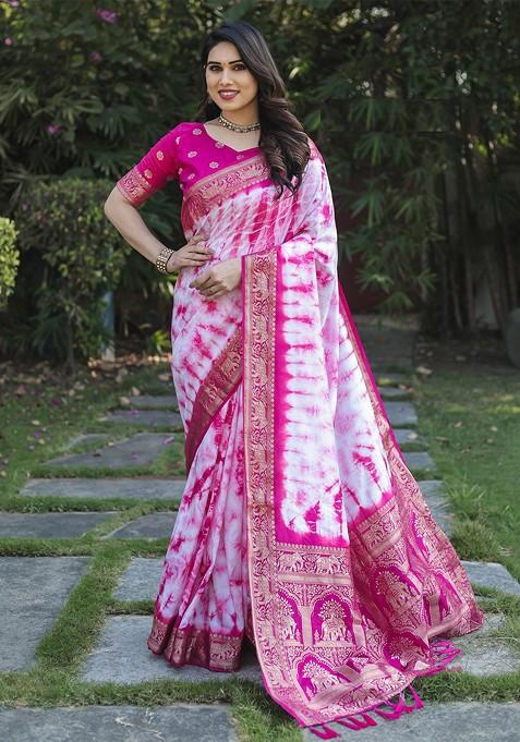 Pink Tie And Dye Printed Pure Silk Bandhani Saree Set