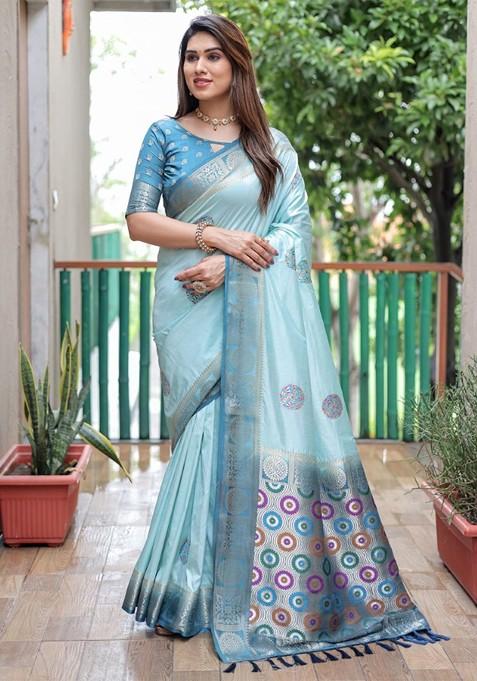 Turquoise Blue Woven Zari Pure Silk Saree Set