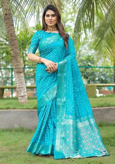 Blue Printed Zari Pure Silk Bandhani Saree Set