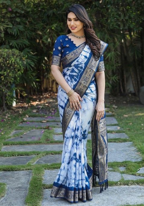 Navy Blue Tie And Dye Pure Silk Bandhani Saree Set