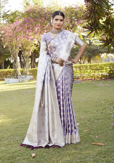 Purple Woven Zari Pure Kanjeevaram Silk Saree Set