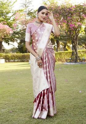 Pink Woven Zari Pure Kanjeevaram Silk Saree Set