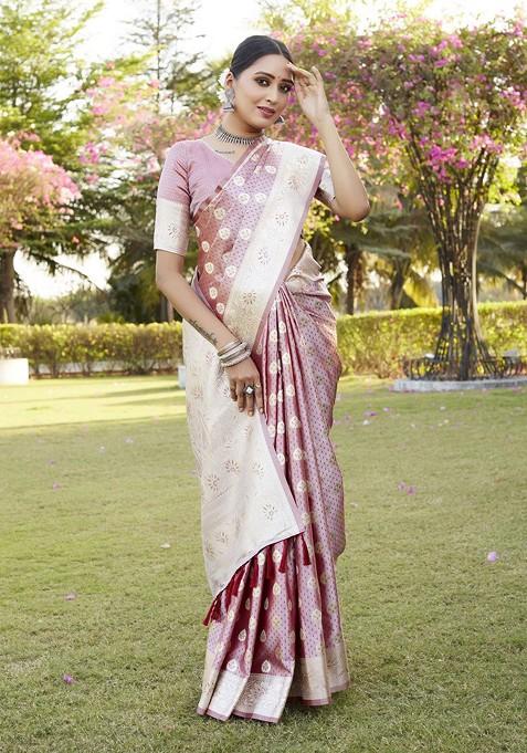 Pink Woven Zari Pure Kanjeevaram Silk Saree Set