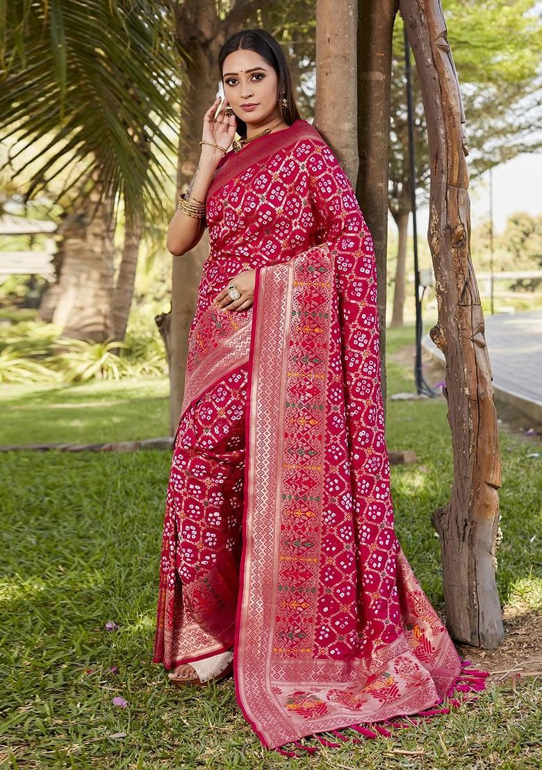 Maroon Ethnic Motifs Zari Pure Silk Bandhani Saree Set