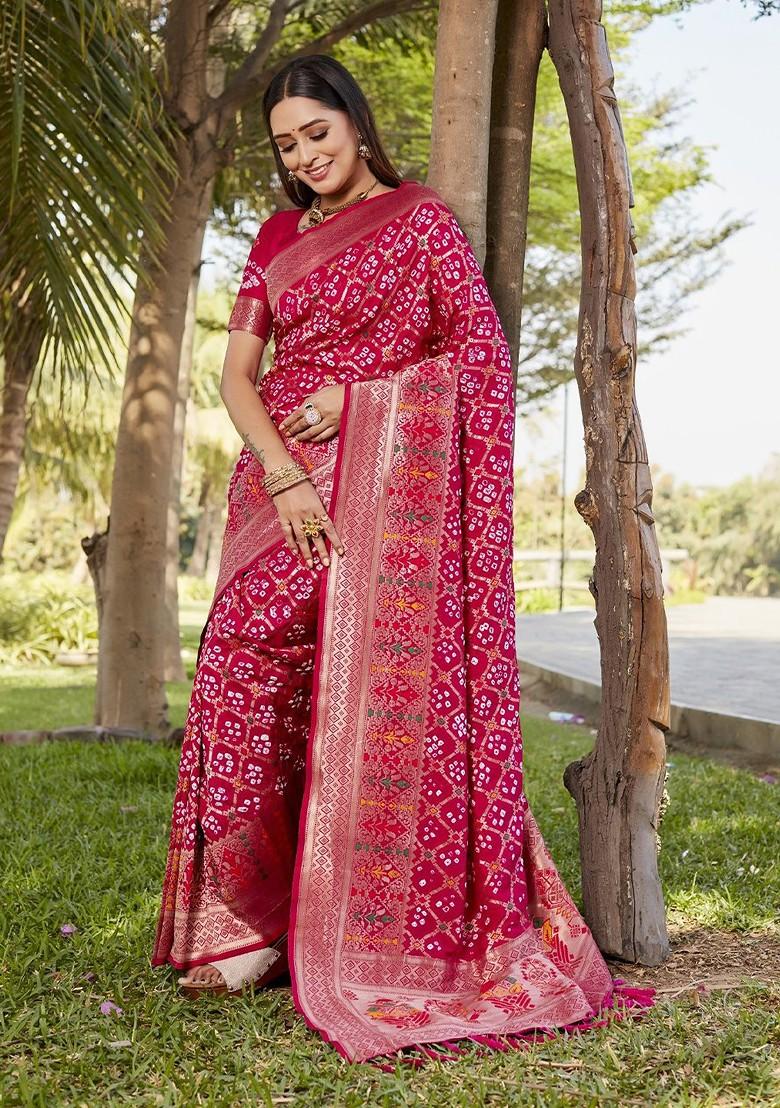 Maroon Ethnic Motifs Zari Pure Silk Bandhani Saree Set