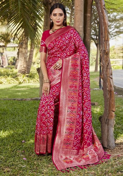 Maroon Ethnic Motifs Zari Pure Silk Bandhani Saree Set