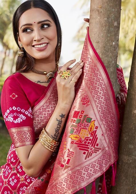 Maroon Ethnic Motifs Zari Pure Silk Bandhani Saree Set