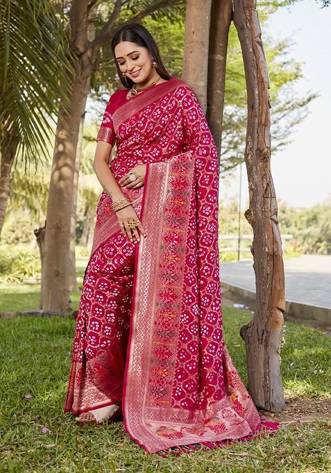 Maroon Ethnic Motifs Zari Pure Silk Bandhani Saree Set