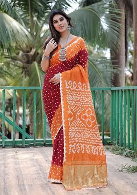 Maroon Printed Zari Pure Silk Bandhani Saree Set