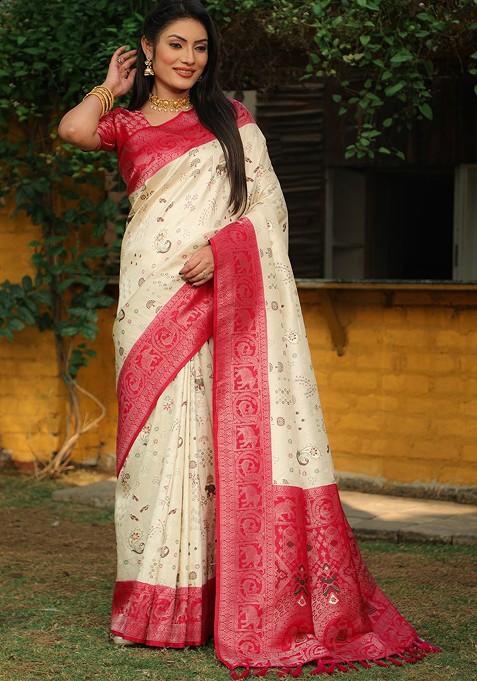 White Woven Zari Pure Kanjeevaram Silk Saree Set