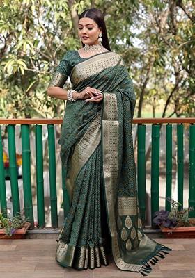 Green Bandhani Print Zari Pure Silk Saree Set