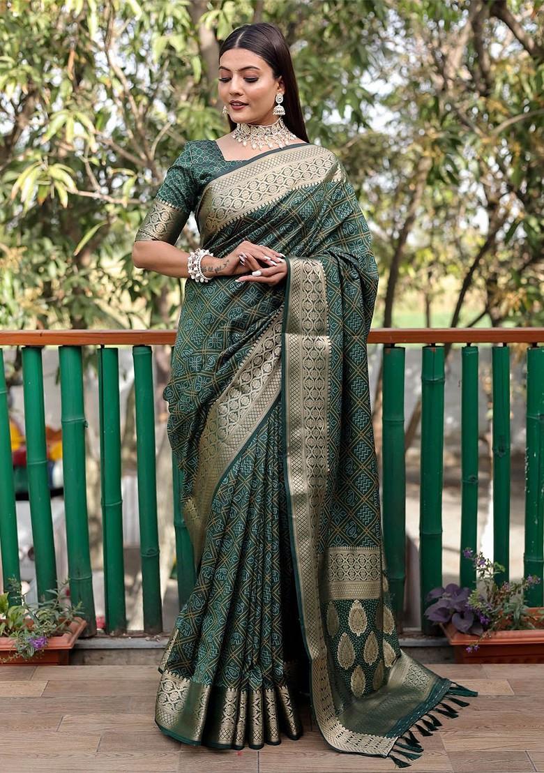 Green Bandhani Print Zari Pure Silk Saree Set