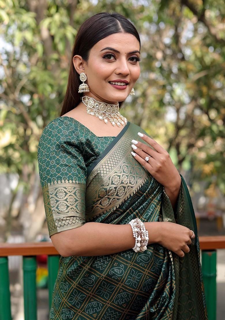 Green Bandhani Print Zari Pure Silk Saree Set - Indya