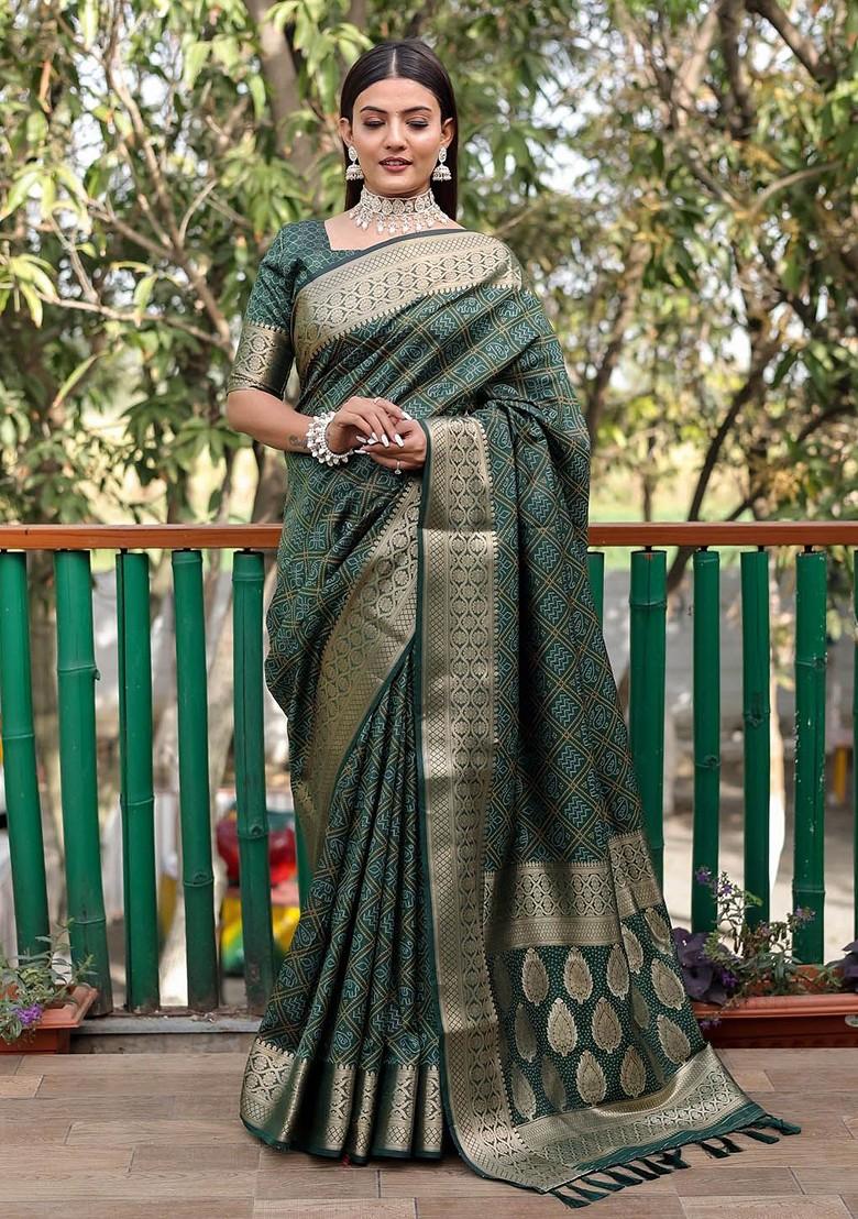 Green Bandhani Print Zari Pure Silk Saree Set