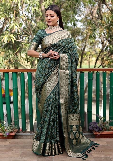 Green Bandhani Print Zari Pure Silk Saree Set