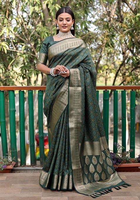 Green Bandhani Print Zari Pure Silk Saree Set