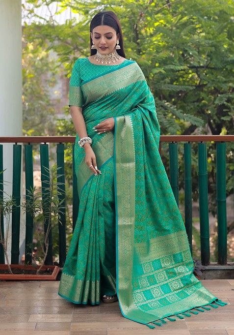 Green Zari Pure Silk Bandhani Saree Set