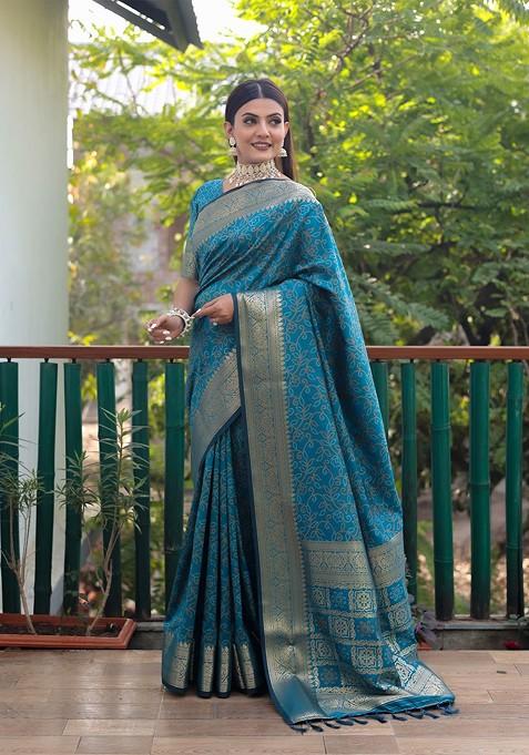 Teal Zari Pure Silk Bandhani Saree Set