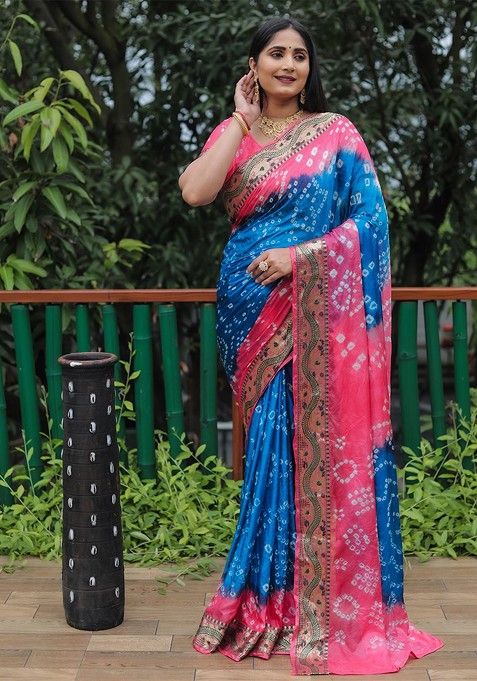 Blue Zari Pure Silk Bandhani Saree Set