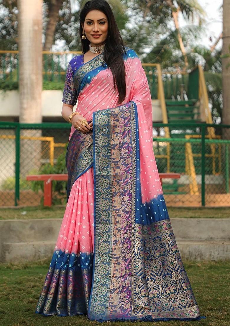 Peach Woven Zari Pure Silk Bandhani Saree Set