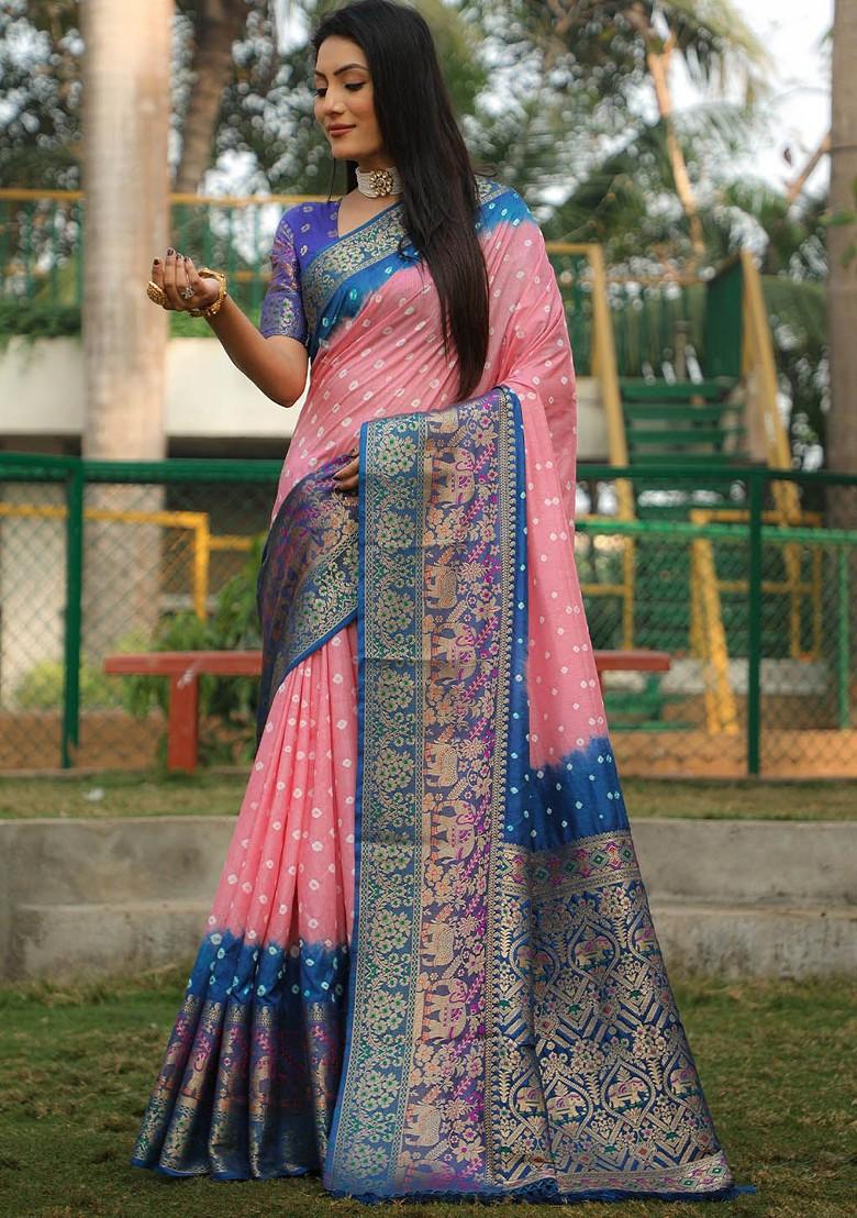 Peach Woven Zari Pure Silk Bandhani Saree Set