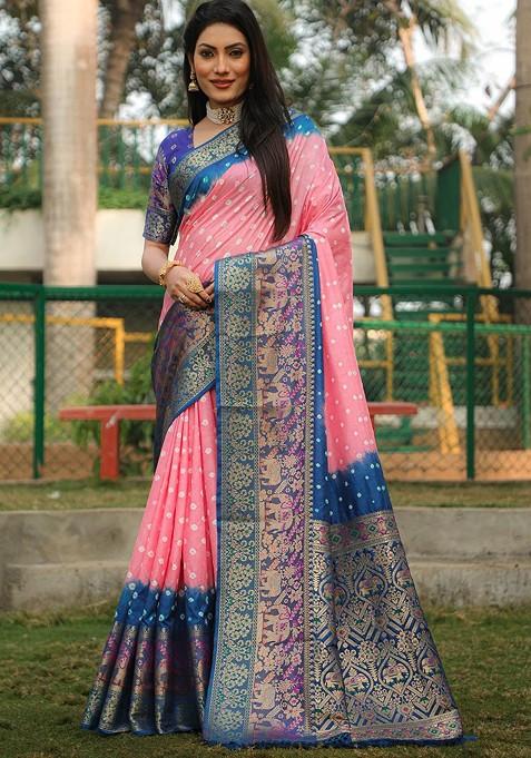 Peach Woven Zari Pure Silk Bandhani Saree Set