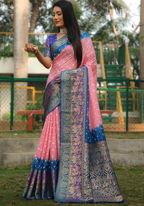 Peach Woven Zari Pure Silk Bandhani Saree Set